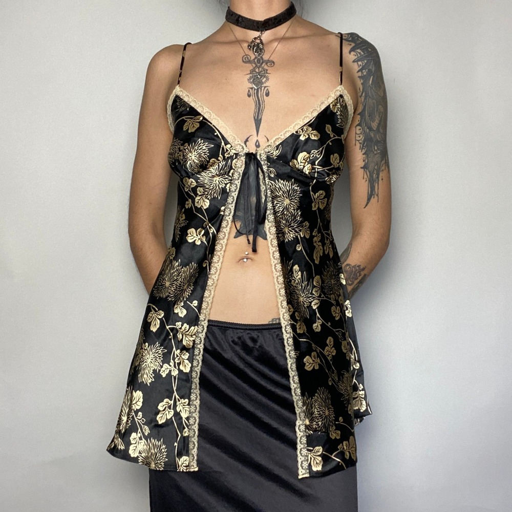 Victoria's Secret Black Gold Floral Satin Open Front Babydoll Lingerie Size XS